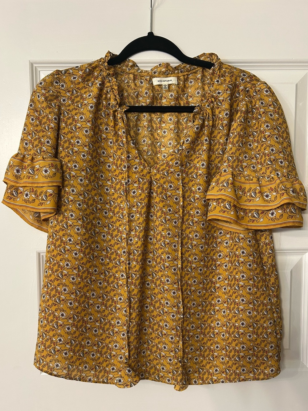 Max Studio Mustatd Floral Print Ruffle Sleeve Blouse Yellow Small